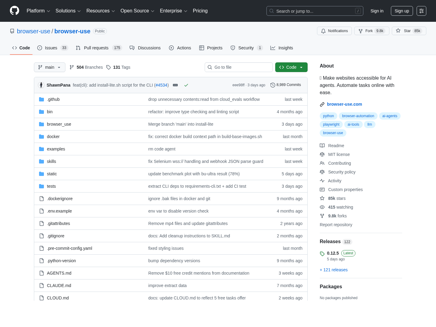 Browser Use GitHub 仓库页面截图