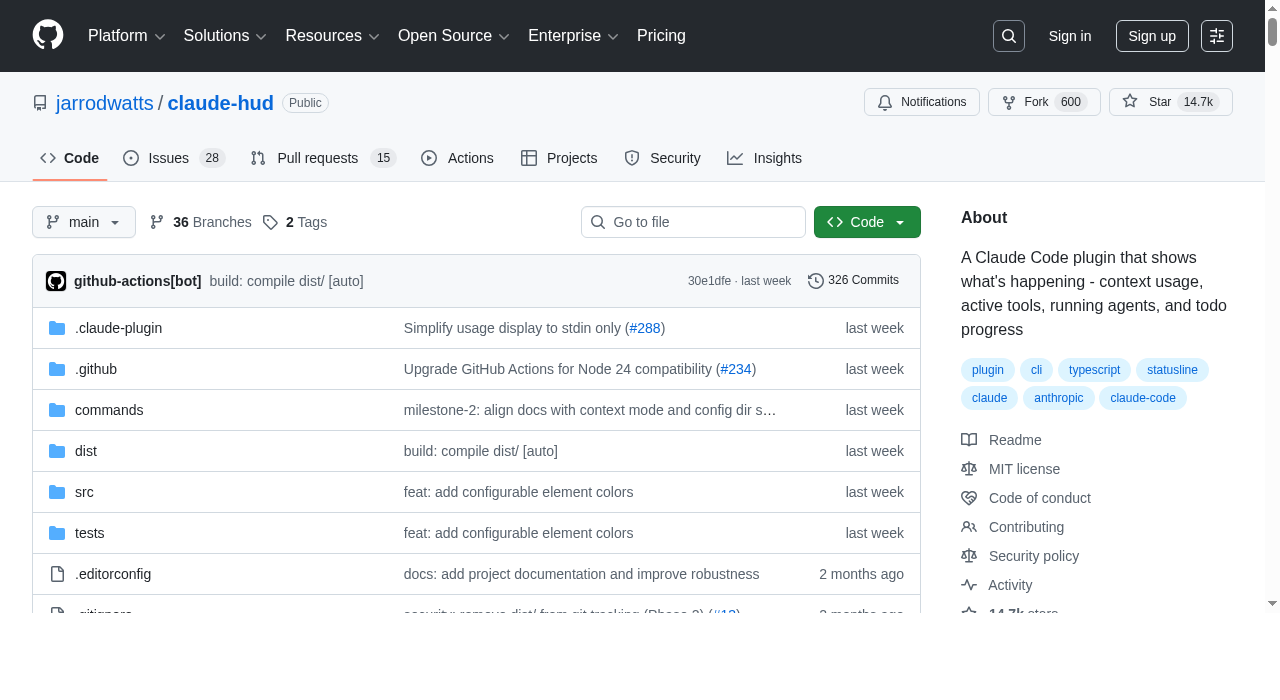 Agent HUD:claude-hud 项目页面截图