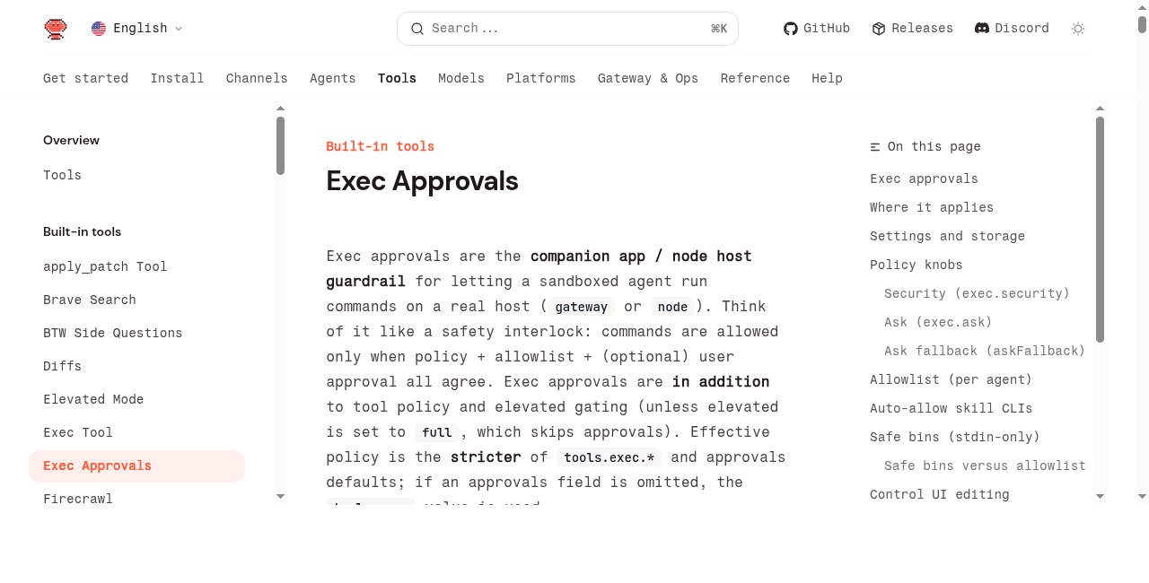 OpenClaw 权限设置:exec approvals 文档截图,包含 security、ask、allowlist 说明